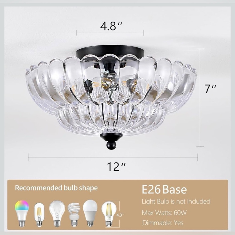 Modern Black Ceiling Light Fixture, 12" Clear Glass Flush Mount Chandeliers - Picture 4 of 6